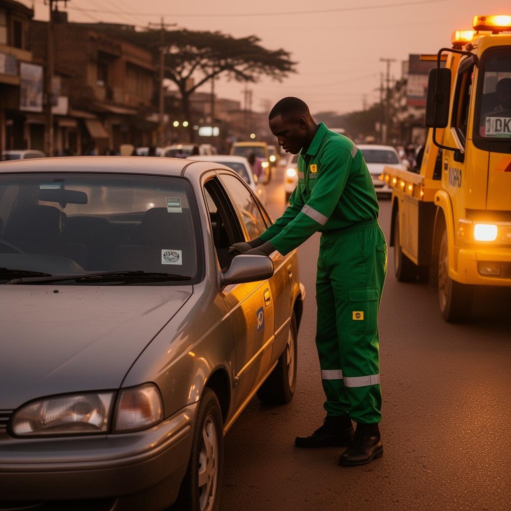 Aki My Car roadside technician helping a driver in Nairobi at dusk