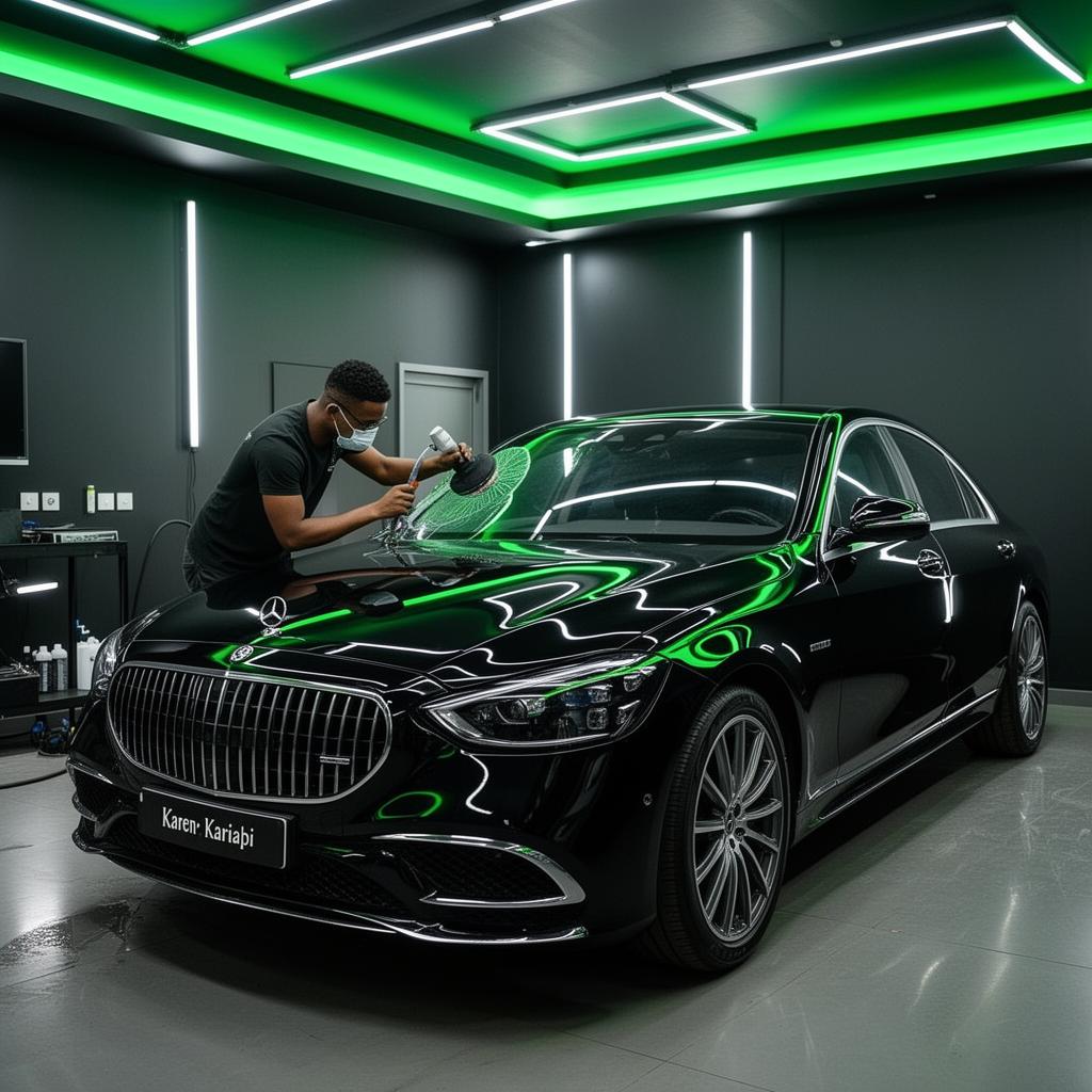 Detailer ceramic-coating a black premium sedan in a Nairobi studio